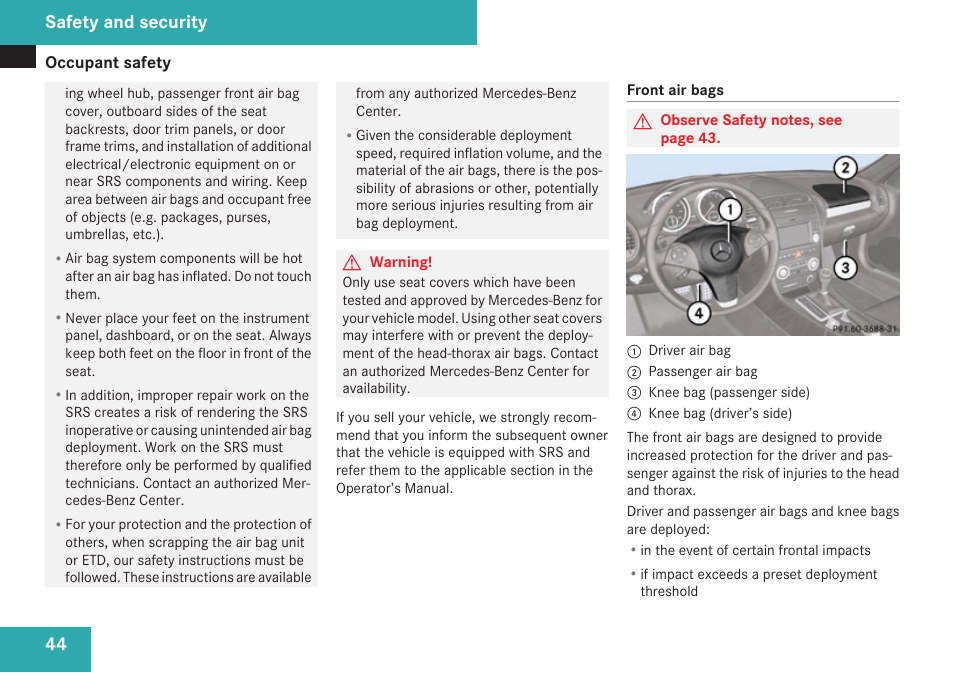 Safety and security | Mercedes-Benz SLK-Class 2009 Owners Manual User Manual | Page 46 / 364