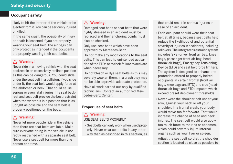 Safety and security | Mercedes-Benz SLK-Class 2009 Owners Manual User Manual | Page 52 / 364