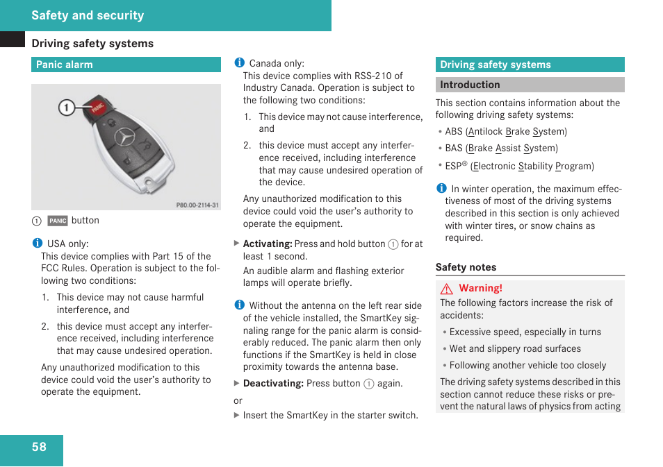 Panic alarm, Driving safety systems, Introduction | Safety and security | Mercedes-Benz SLK-Class 2009 Owners Manual User Manual | Page 60 / 364