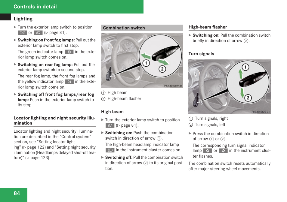 Combination switch, Controls in detail | Mercedes-Benz SLK-Class 2009 Owners Manual User Manual | Page 86 / 364