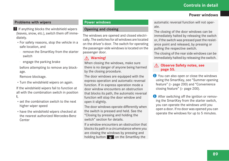 Problems with wipers, Power windows, Opening and closing | Controls in detail | Mercedes-Benz SLK-Class 2009 Owners Manual User Manual | Page 91 / 364