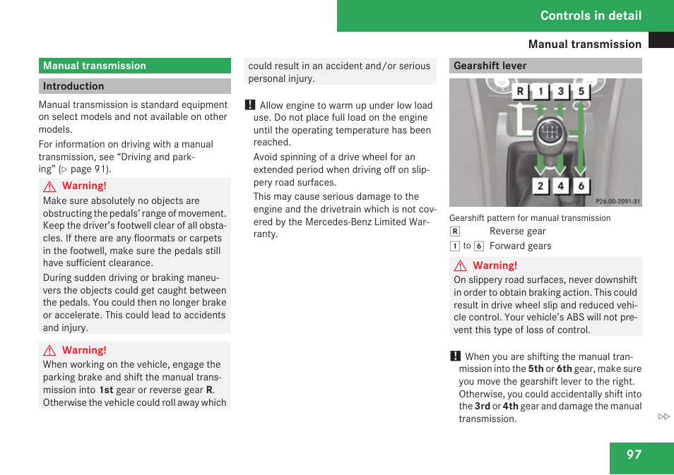 Manual transmission, Introduction, Gearshift lever | Sion, Controls in detail | Mercedes-Benz SLK-Class 2009 Owners Manual User Manual | Page 99 / 364