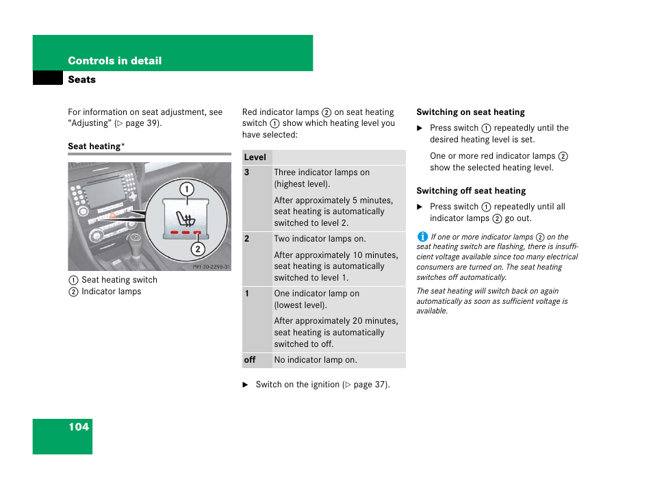 Seats, Seats:heating, Seat heating | Mercedes-Benz SLK-Class 2008 Owners Manual User Manual | Page 105 / 474