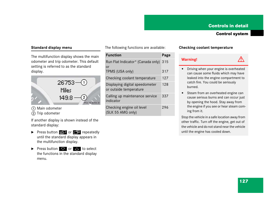 Control system menus:standard display, Standard display menu, Menu | Mercedes-Benz SLK-Class 2008 Owners Manual User Manual | Page 128 / 474