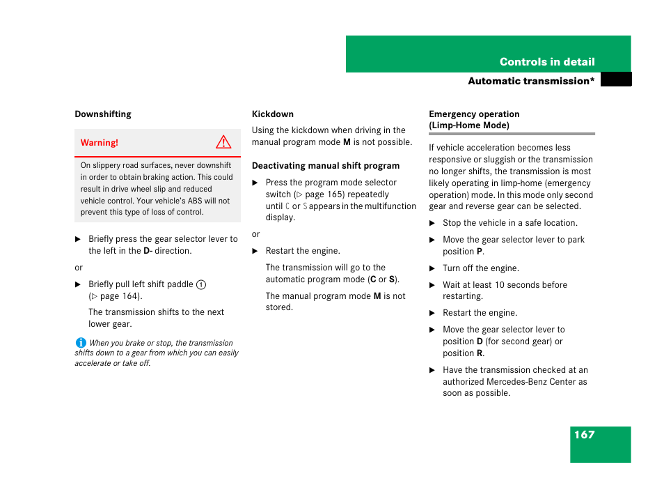 Automatic transmission*:gear shifting malfunctions, Emergency operation (limp-home mode) | Mercedes-Benz SLK-Class 2008 Owners Manual User Manual | Page 168 / 474