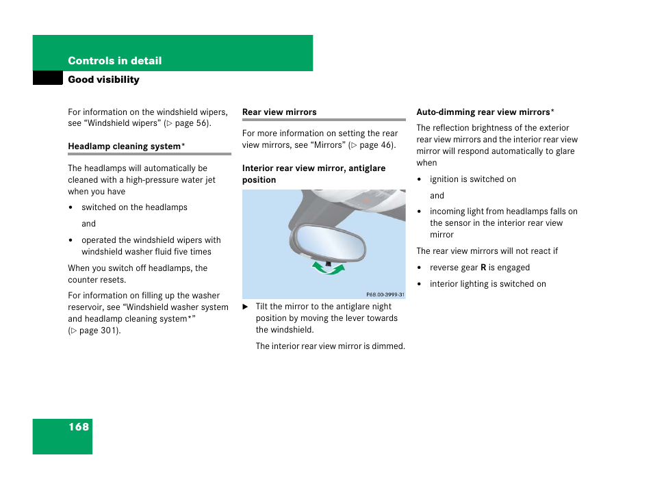 Good visibility, Headlamps:cleaning system, Headlamp cleaning system* rear view mirrors | Mercedes-Benz SLK-Class 2008 Owners Manual User Manual | Page 169 / 474