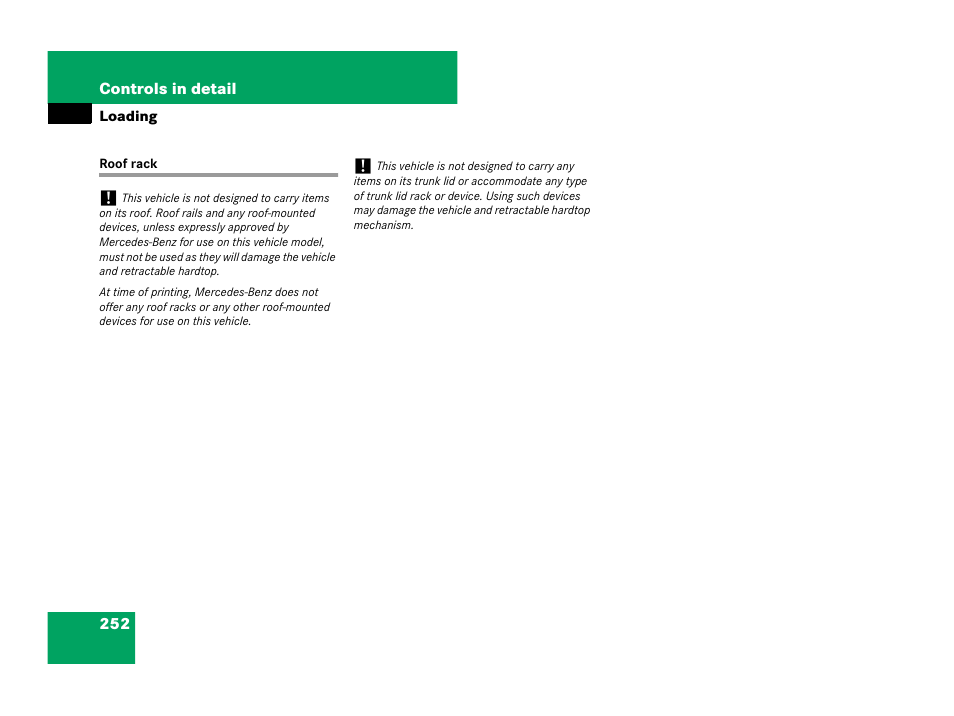 Loading, Roof rack | Mercedes-Benz SLK-Class 2008 Owners Manual User Manual | Page 253 / 474