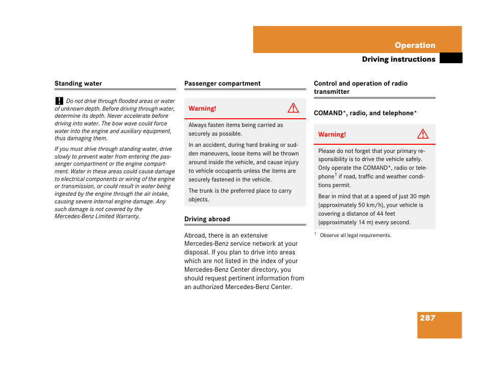 Standing water, driving instructions, Passenger compartment, Traveling abroad | Radio transmitters, control and operation | Mercedes-Benz SLK-Class 2008 Owners Manual User Manual | Page 288 / 474