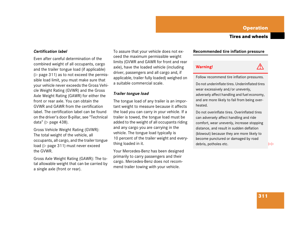 Tire inflation pressure:checking, Recommended tire inflation pressure, See “recommended tire inflation pres- sure | Mercedes-Benz SLK-Class 2008 Owners Manual User Manual | Page 312 / 474