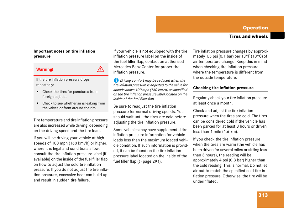 Tire inflation pressure:checking, Checking tire inflation pressure, See “important notes on tire inflation pressure | Mercedes-Benz SLK-Class 2008 Owners Manual User Manual | Page 314 / 474