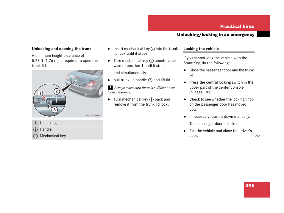 Door:locking in an emergency, Locking the vehicle | Mercedes-Benz SLK-Class 2008 Owners Manual User Manual | Page 396 / 474