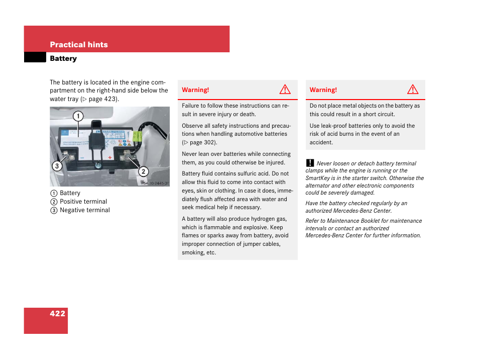 Battery (vehicle), Battery | Mercedes-Benz SLK-Class 2008 Owners Manual User Manual | Page 423 / 474