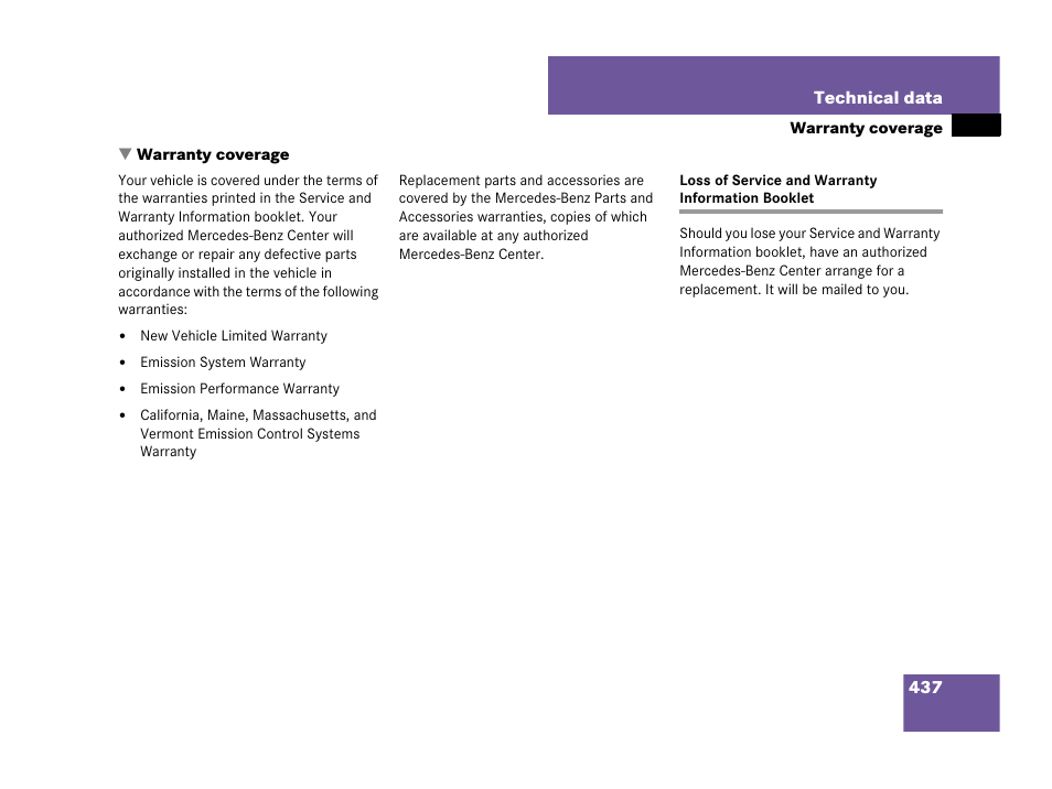 Warranty coverage, Loss of:service and warranty booklet, Loss of service and warranty information booklet | Mercedes-Benz SLK-Class 2008 Owners Manual User Manual | Page 438 / 474