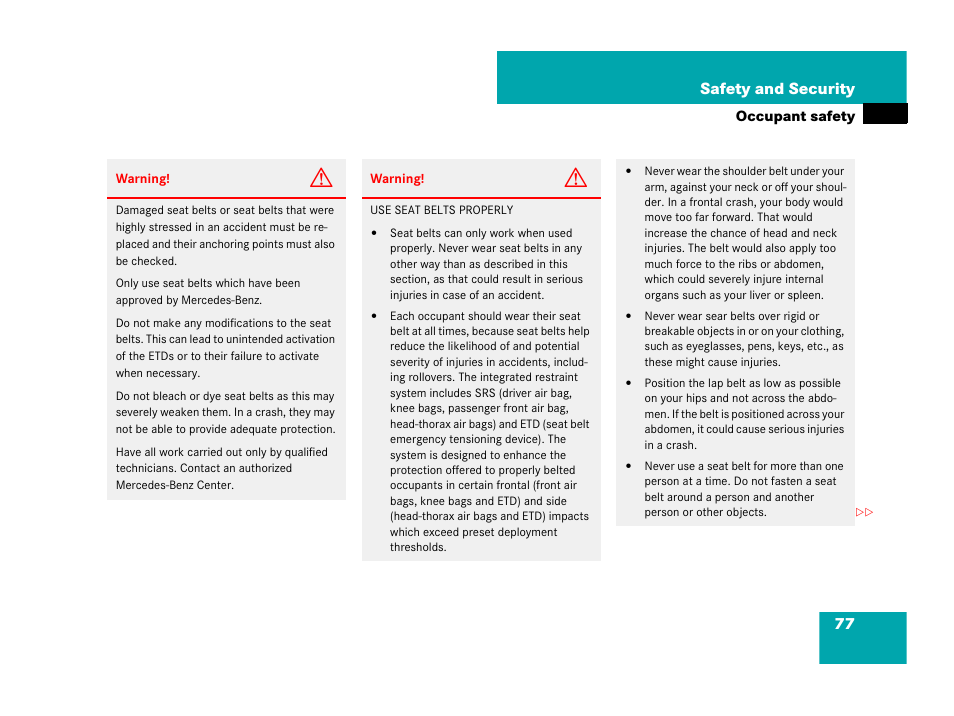 77 safety and security | Mercedes-Benz SLK-Class 2008 Owners Manual User Manual | Page 78 / 474