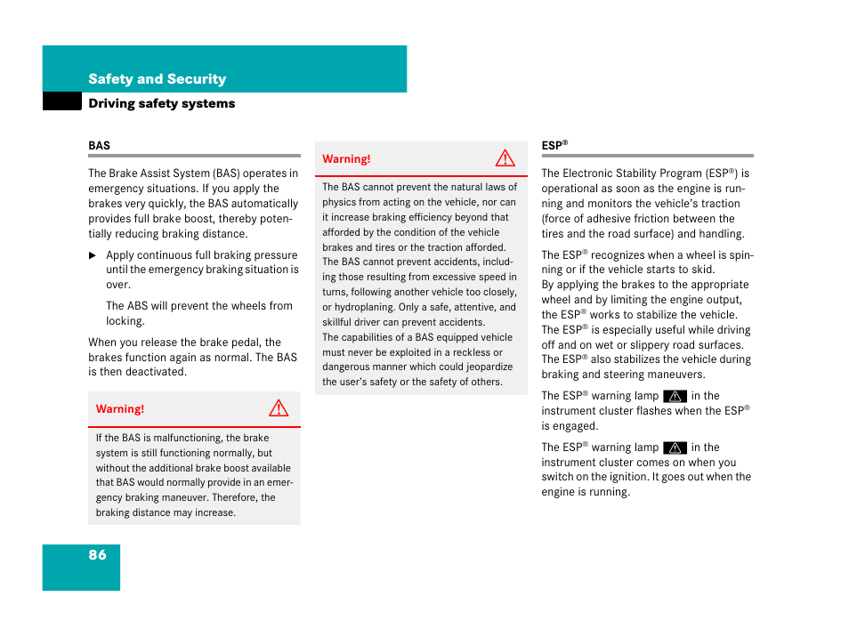 Driving safety systems:bas, Bas esp, 86 safety and security | Mercedes-Benz SLK-Class 2008 Owners Manual User Manual | Page 87 / 474