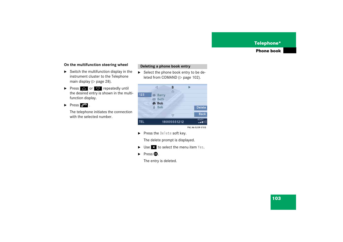 Deleting a phone book entry | Mercedes-Benz SLK-Class 2008 COMAND Manual User Manual | Page 103 / 186