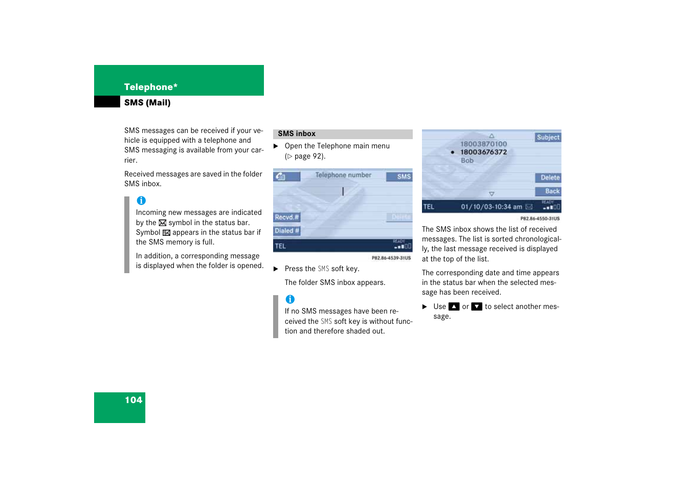 Sms (mail), Sms inbox | Mercedes-Benz SLK-Class 2008 COMAND Manual User Manual | Page 104 / 186