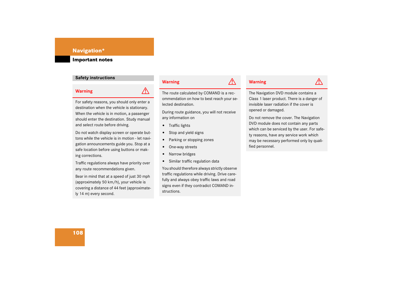 Important notes, Safety instructions | Mercedes-Benz SLK-Class 2008 COMAND Manual User Manual | Page 108 / 186