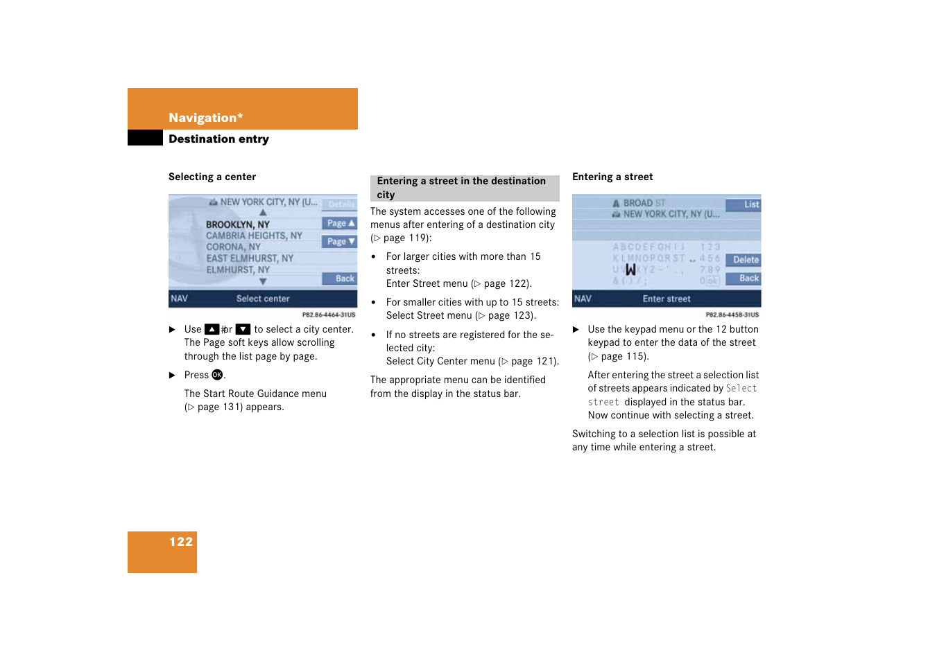 Entering a street in the destination city, Entering a street in the, Destination city | On street, Reet menu | Mercedes-Benz SLK-Class 2008 COMAND Manual User Manual | Page 122 / 186