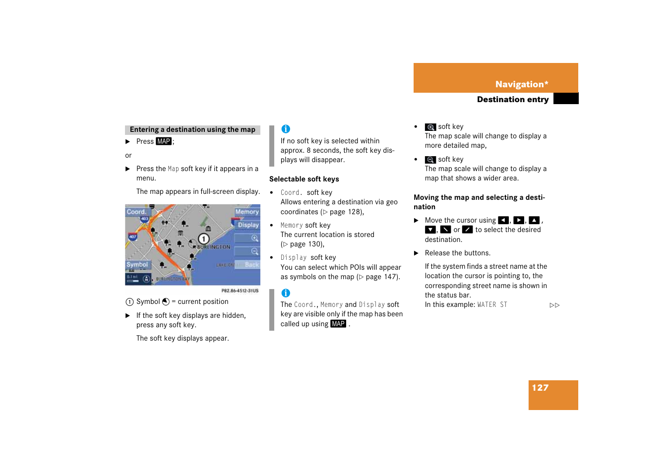 Entering a destination using the map, Entering a destination, Using the map | Moving the map and selecting a destination | Mercedes-Benz SLK-Class 2008 COMAND Manual User Manual | Page 127 / 186