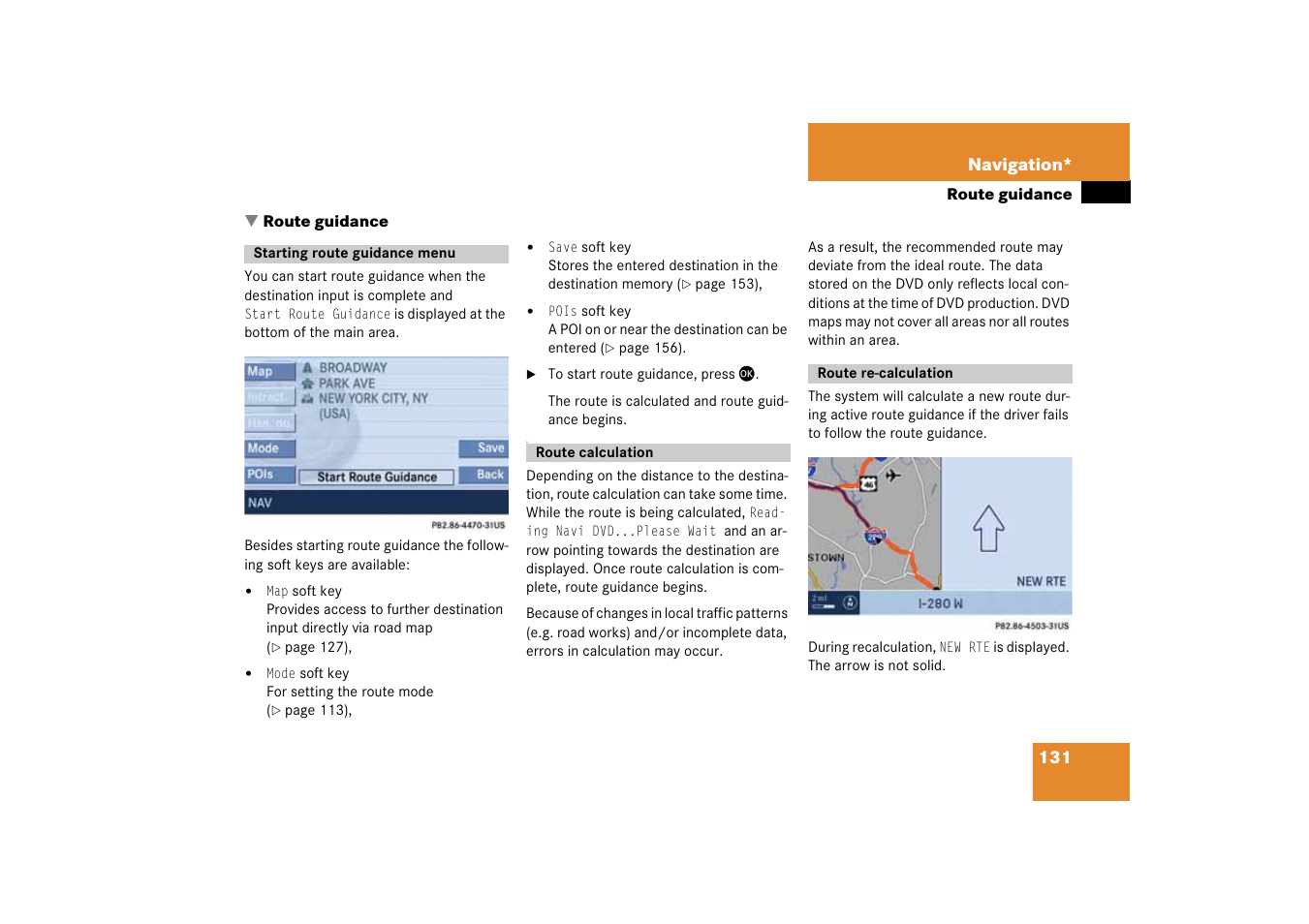 H route guidance, Starting route guidance menu, Route calculation | Route re-calculation, Route guidance | Mercedes-Benz SLK-Class 2008 COMAND Manual User Manual | Page 131 / 186