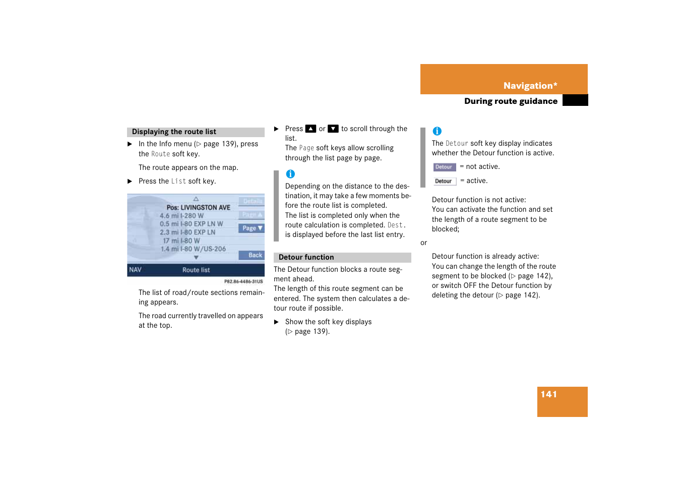 Displaying the route list, Detour function, Displaying the route list detour function | Mercedes-Benz SLK-Class 2008 COMAND Manual User Manual | Page 141 / 186