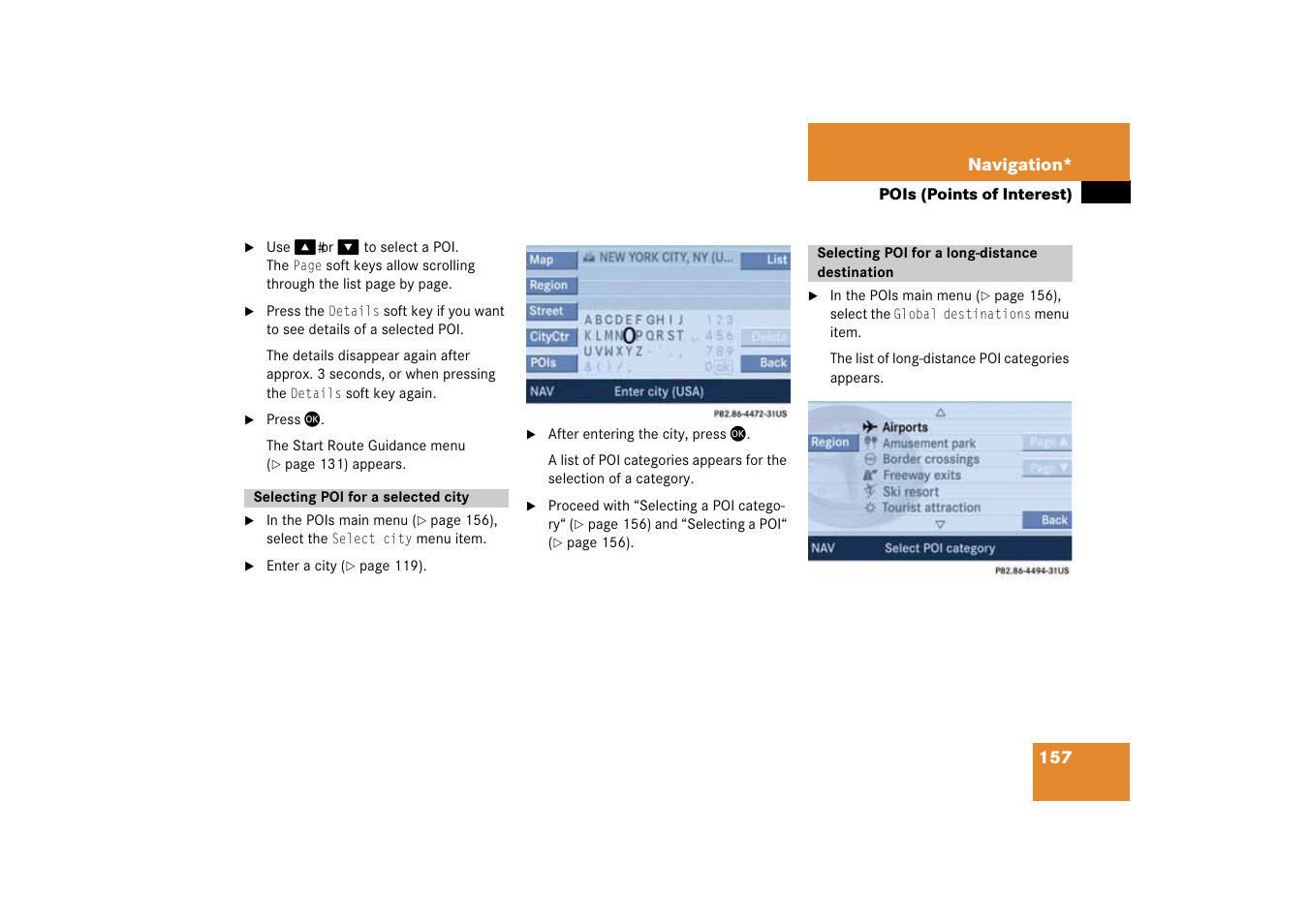 Selecting poi for a selected city, Selecting poi for a long-distance destination, Destination | Lected | Mercedes-Benz SLK-Class 2008 COMAND Manual User Manual | Page 157 / 186