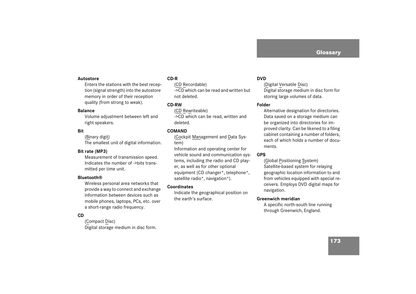 Glossary | Mercedes-Benz SLK-Class 2008 COMAND Manual User Manual | Page 173 / 186