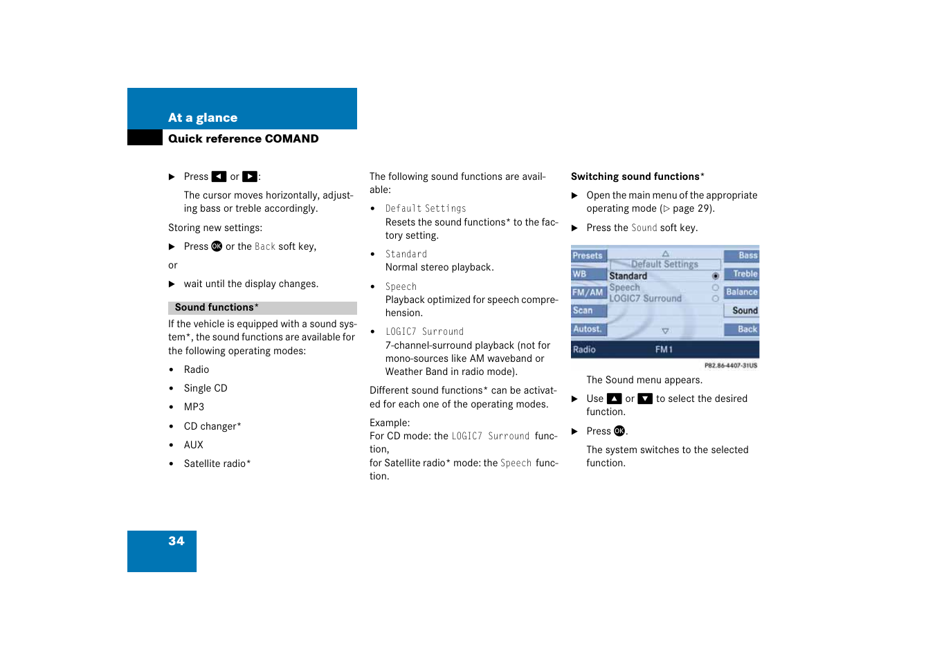 Sound functions | Mercedes-Benz SLK-Class 2008 COMAND Manual User Manual | Page 34 / 186