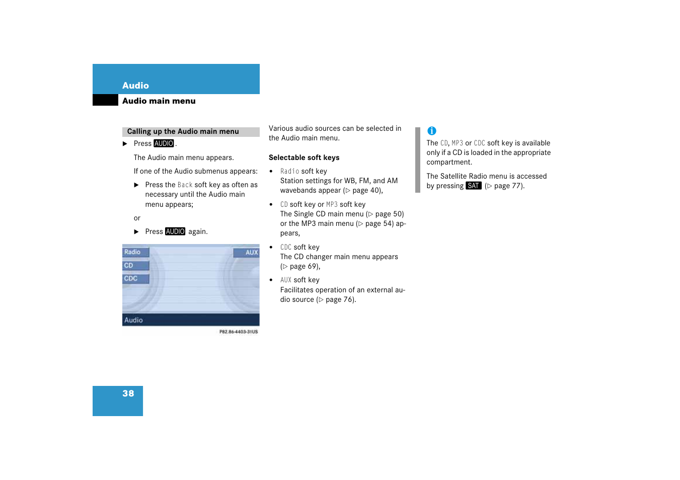 Audio main menu, Calling up the audio main menu, Audio | Mercedes-Benz SLK-Class 2008 COMAND Manual User Manual | Page 38 / 186