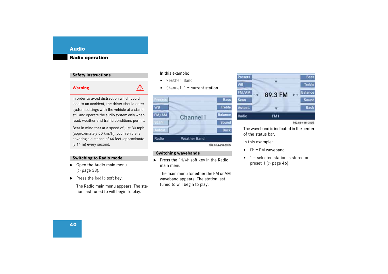 Radio operation, Safety instructions, Switching to radio mode | Switching wavebands, Wavebands appear | Mercedes-Benz SLK-Class 2008 COMAND Manual User Manual | Page 40 / 186