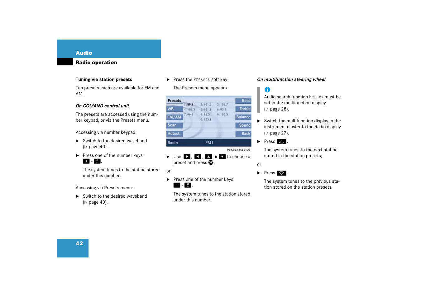 Esets, Tuni, Tuning via station presets | Mercedes-Benz SLK-Class 2008 COMAND Manual User Manual | Page 42 / 186
