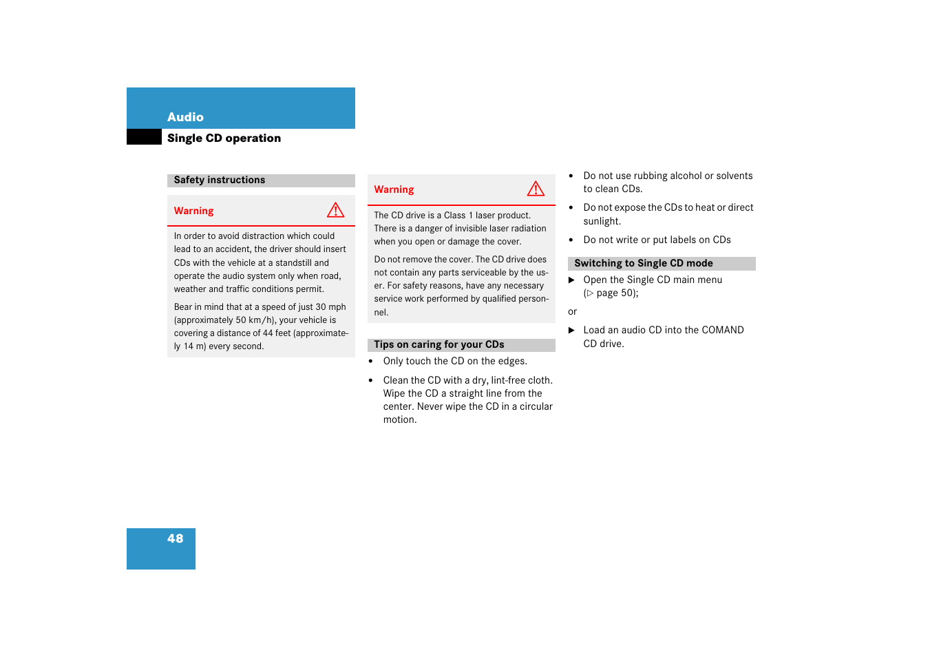 Single cd operation, Safety instructions, Tips on caring for your cds | Switching to single cd mode | Mercedes-Benz SLK-Class 2008 COMAND Manual User Manual | Page 48 / 186