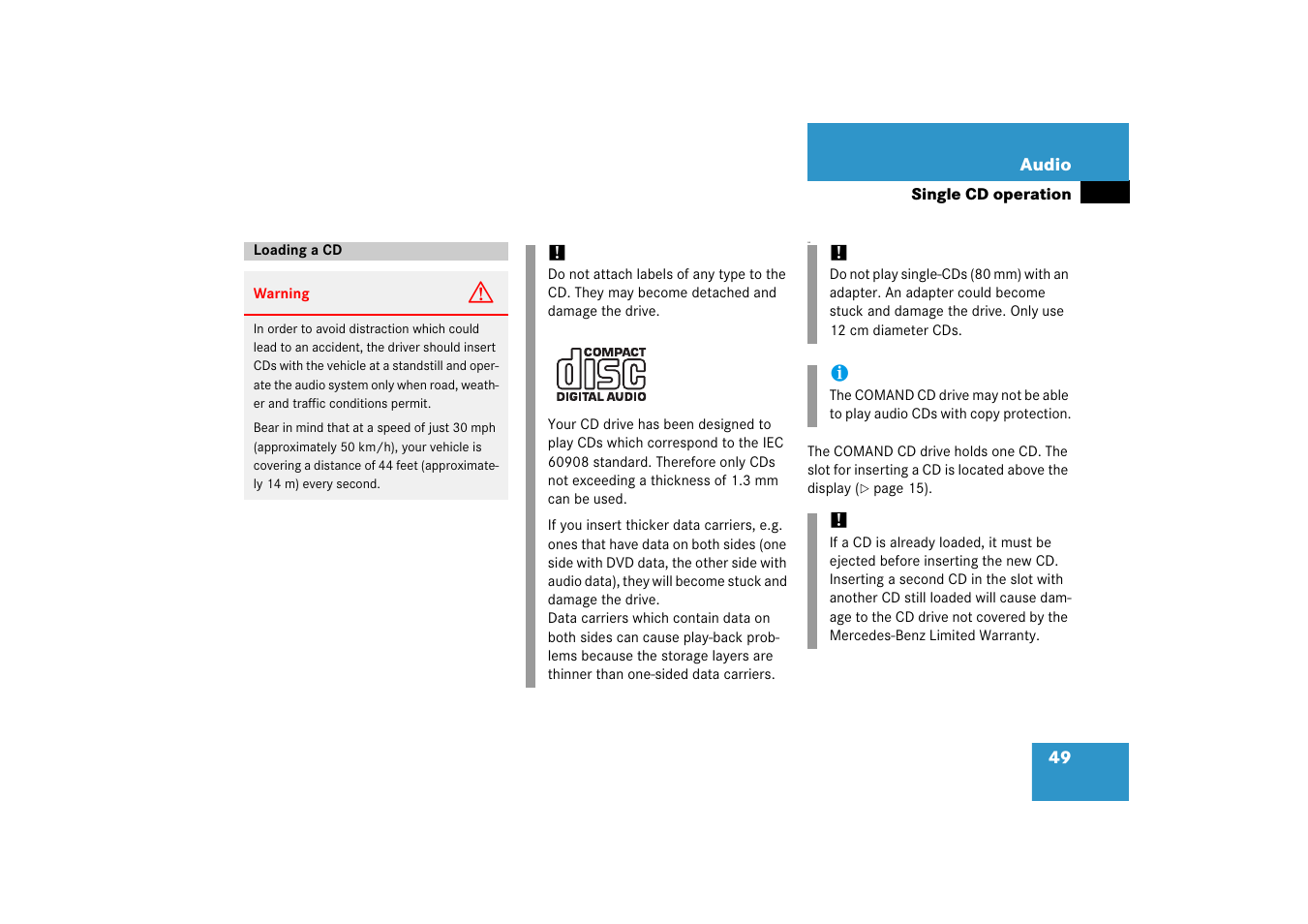 Loading a cd | Mercedes-Benz SLK-Class 2008 COMAND Manual User Manual | Page 49 / 186