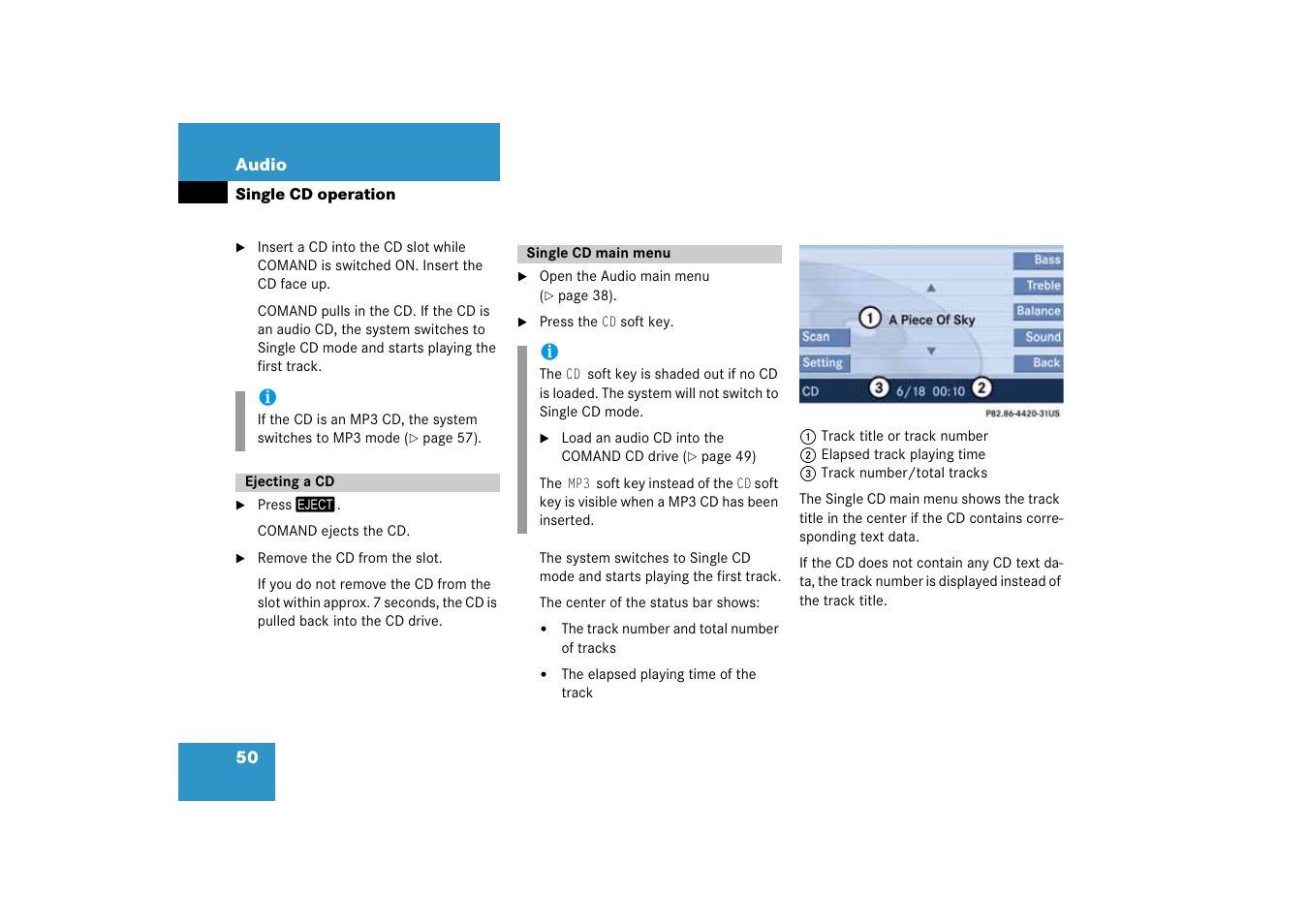 Ejecting a cd, Single cd main menu, Ejecting a cd single cd main menu | Mercedes-Benz SLK-Class 2008 COMAND Manual User Manual | Page 50 / 186