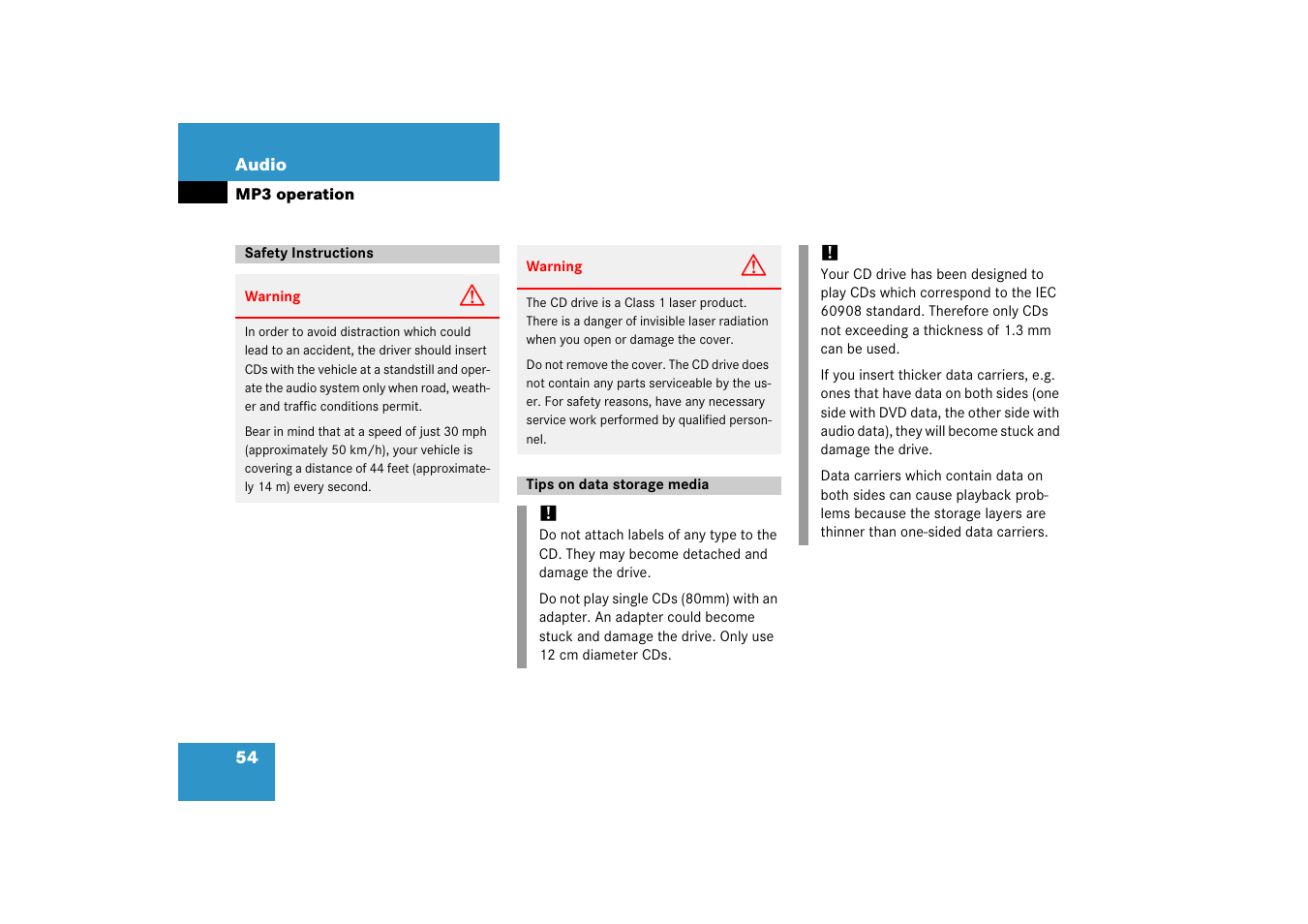 Mp3 operation, Safety instructions, Tips on data storage media | Safety instructions tips on data storage media, Or the mp3 main menu | Mercedes-Benz SLK-Class 2008 COMAND Manual User Manual | Page 54 / 186