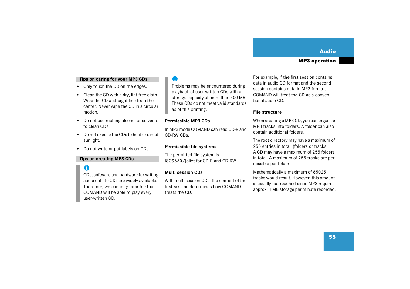 Tips on caring for your mp3 cds, Tips on creating mp3 cds | Mercedes-Benz SLK-Class 2008 COMAND Manual User Manual | Page 55 / 186