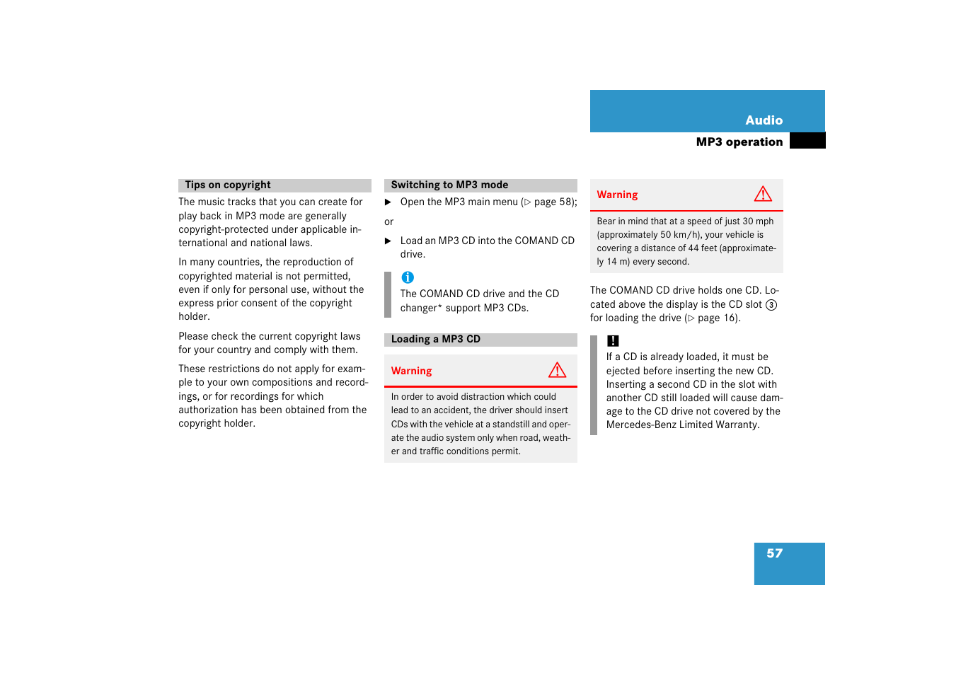 Tips on copyright, Switching to mp3 mode, Loading a mp3 cd | Mercedes-Benz SLK-Class 2008 COMAND Manual User Manual | Page 57 / 186