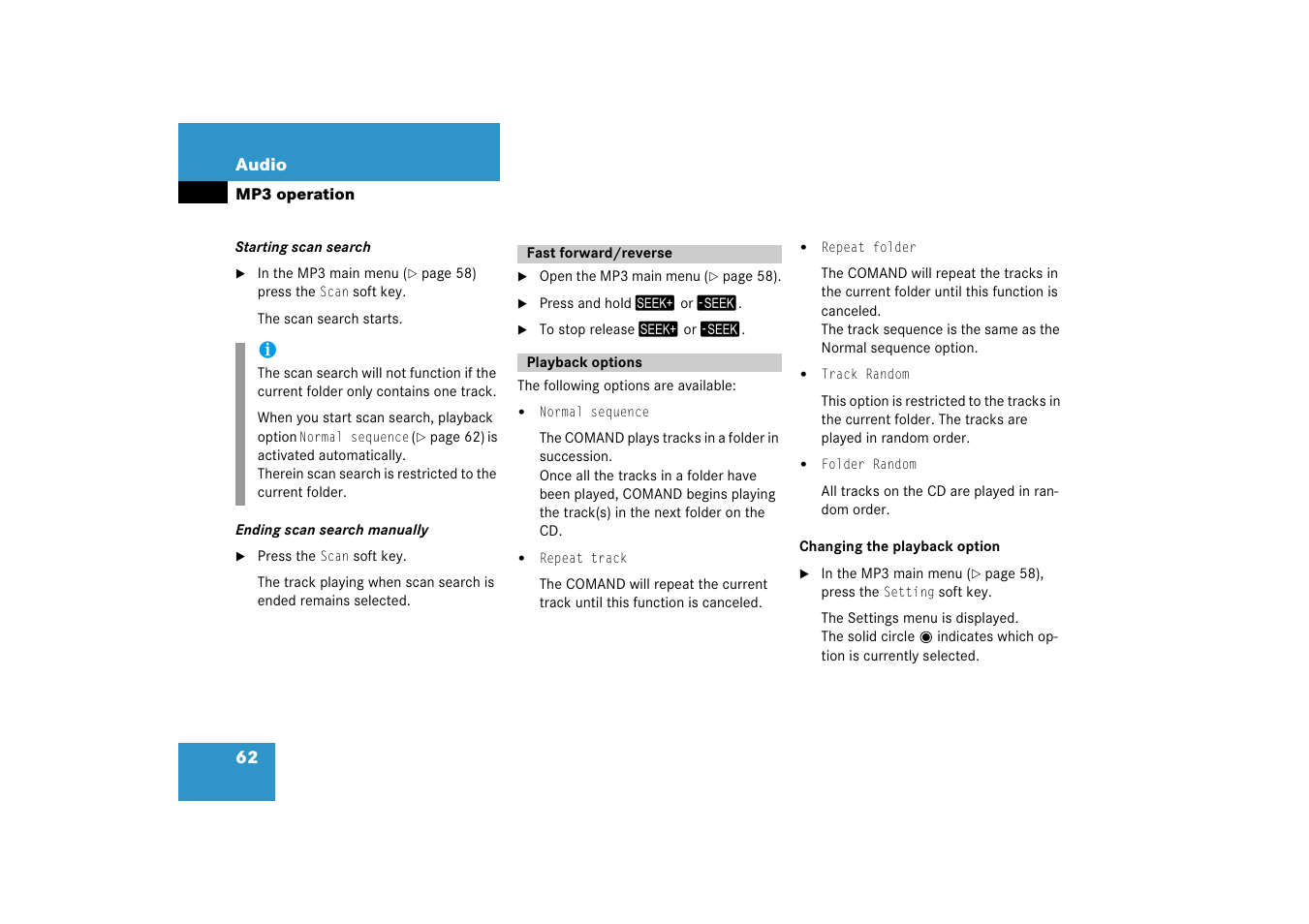 Fast forward/reverse, Playback options, Fast forward/reverse playback options | Mercedes-Benz SLK-Class 2008 COMAND Manual User Manual | Page 62 / 186