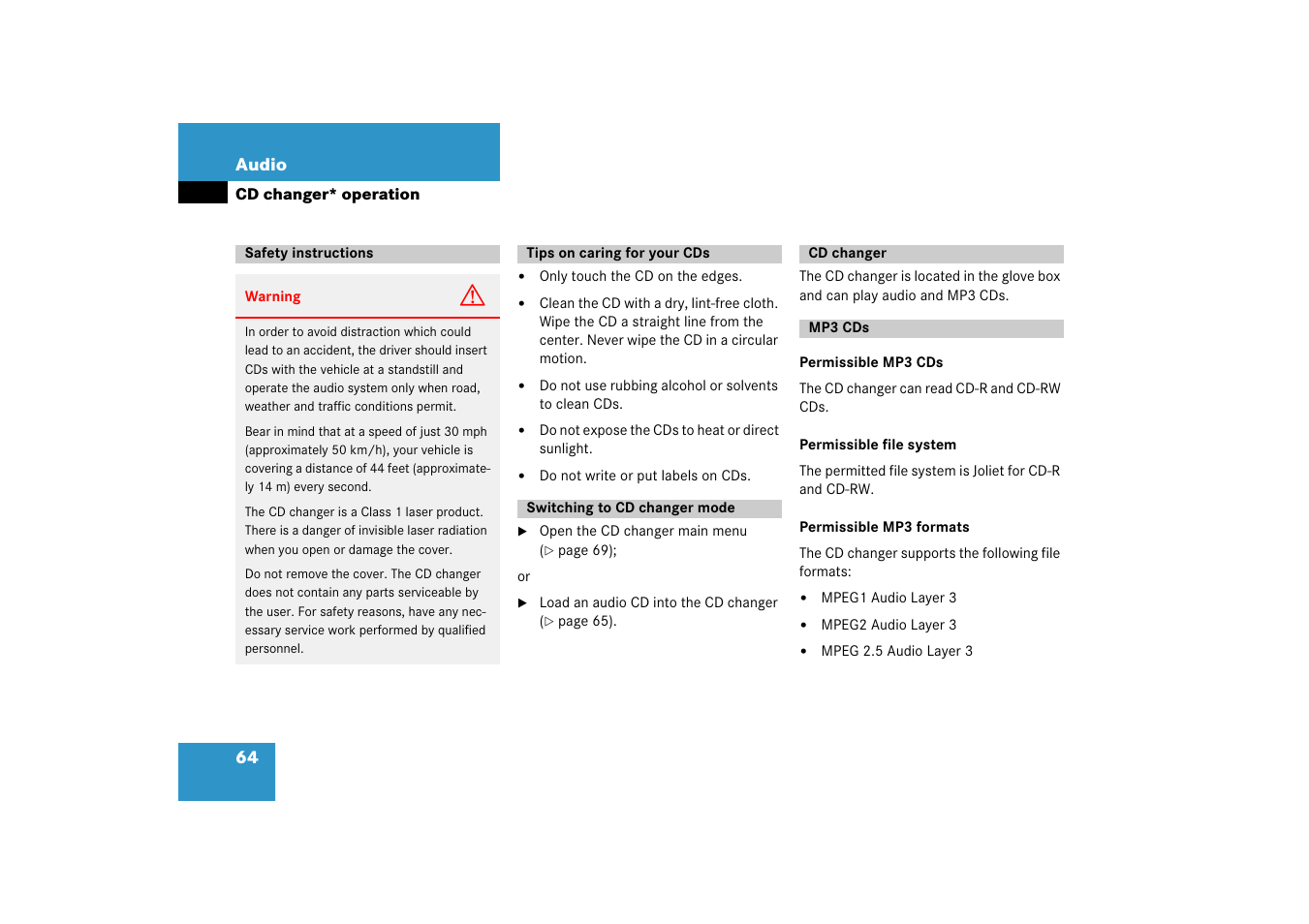 Cd changer* operation, Safety instructions, Tips on caring for your cds | Switching to cd changer mode, Mp3 cds | Mercedes-Benz SLK-Class 2008 COMAND Manual User Manual | Page 64 / 186