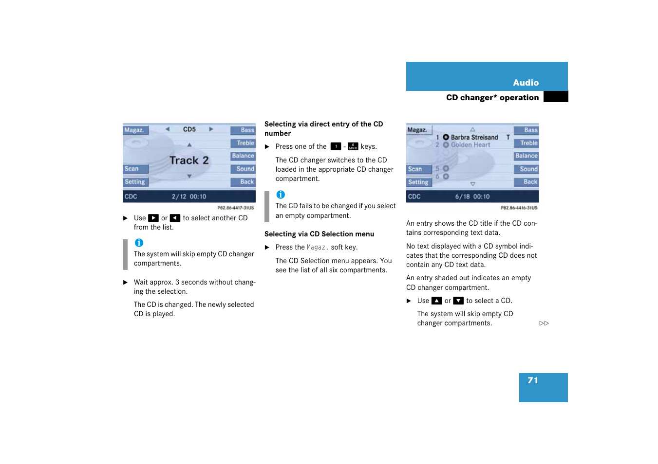 Selecting via direct entry of the cd number, Selecting via cd selection menu | Mercedes-Benz SLK-Class 2008 COMAND Manual User Manual | Page 71 / 186
