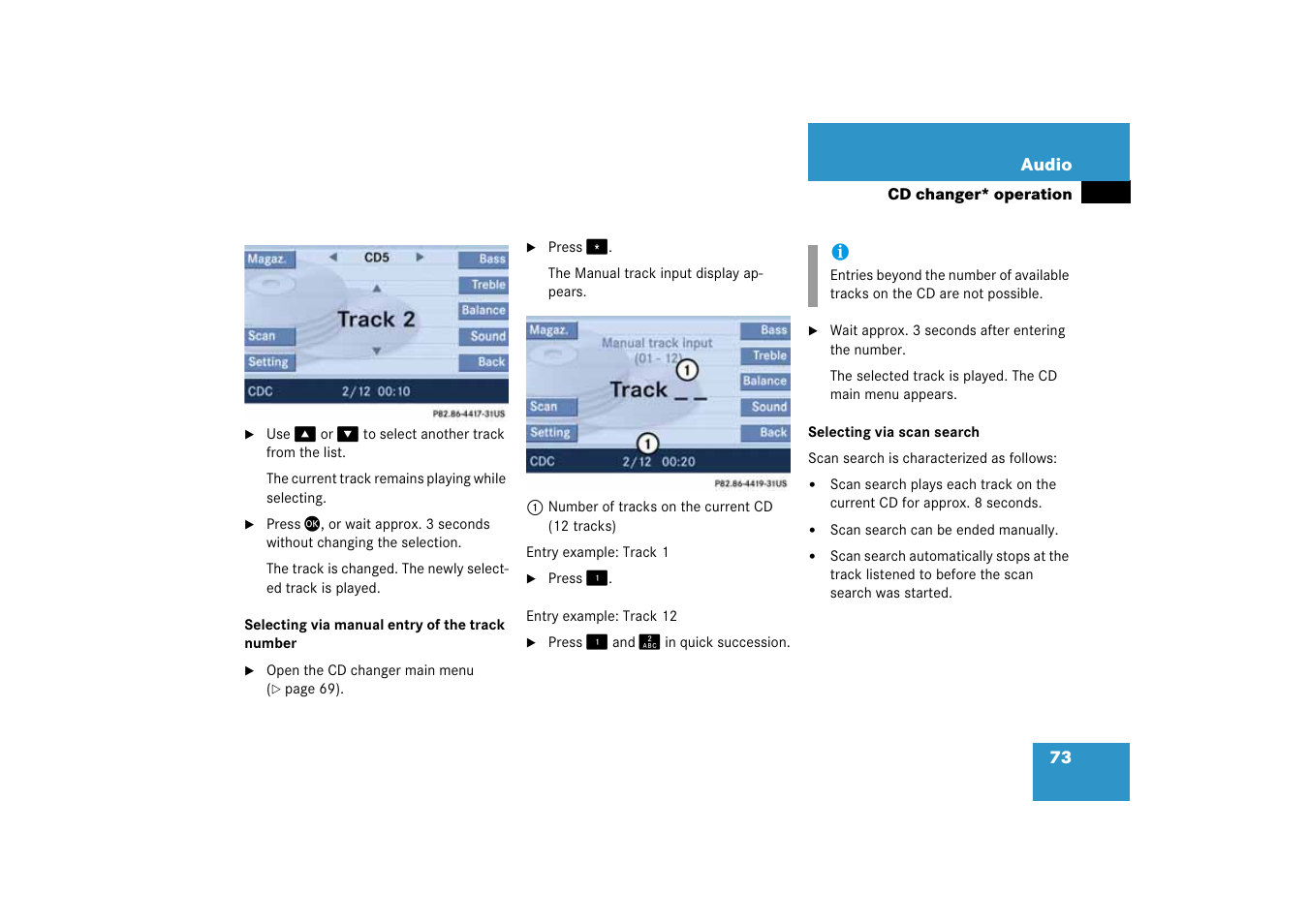 Selecting via manual entry of the track number, Selecting via scan search | Mercedes-Benz SLK-Class 2008 COMAND Manual User Manual | Page 73 / 186