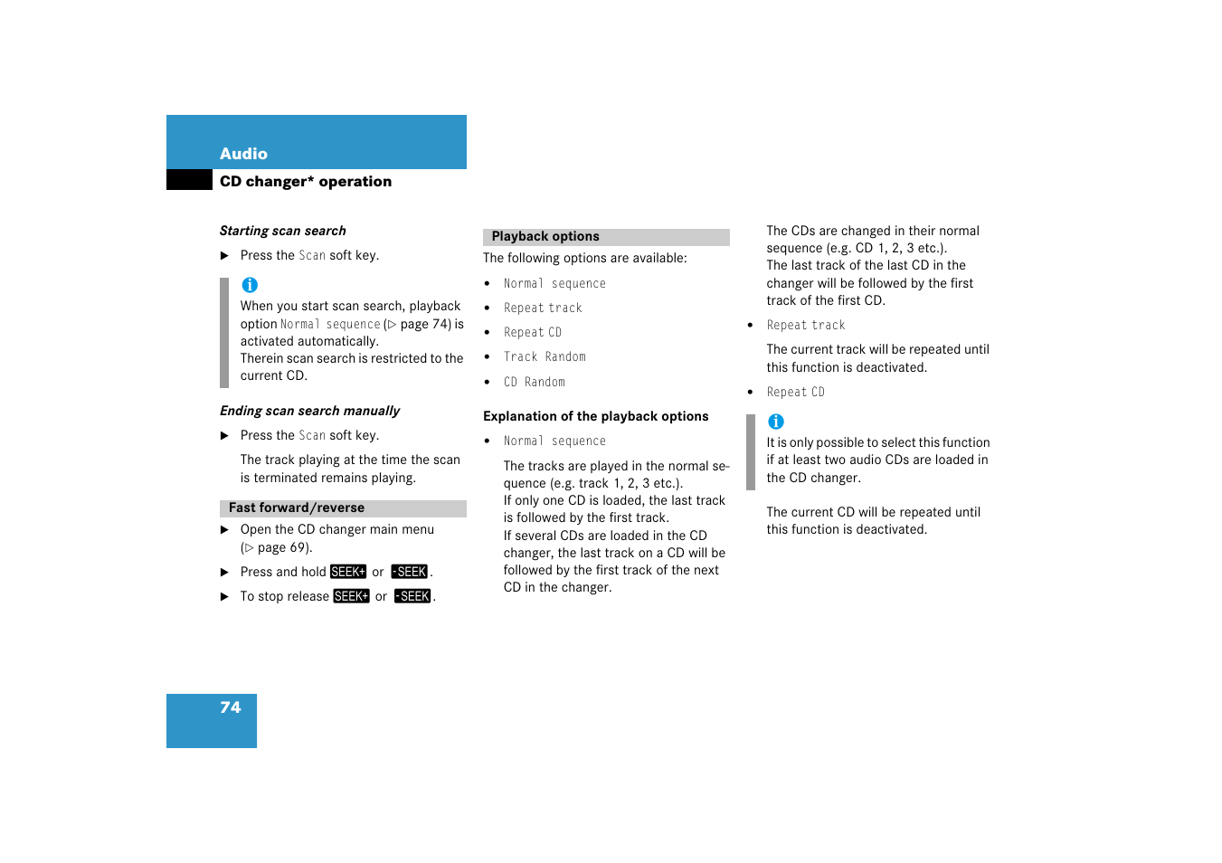 Fast forward/reverse, Playback options, Fast forward/reverse playback options | Mercedes-Benz SLK-Class 2008 COMAND Manual User Manual | Page 74 / 186