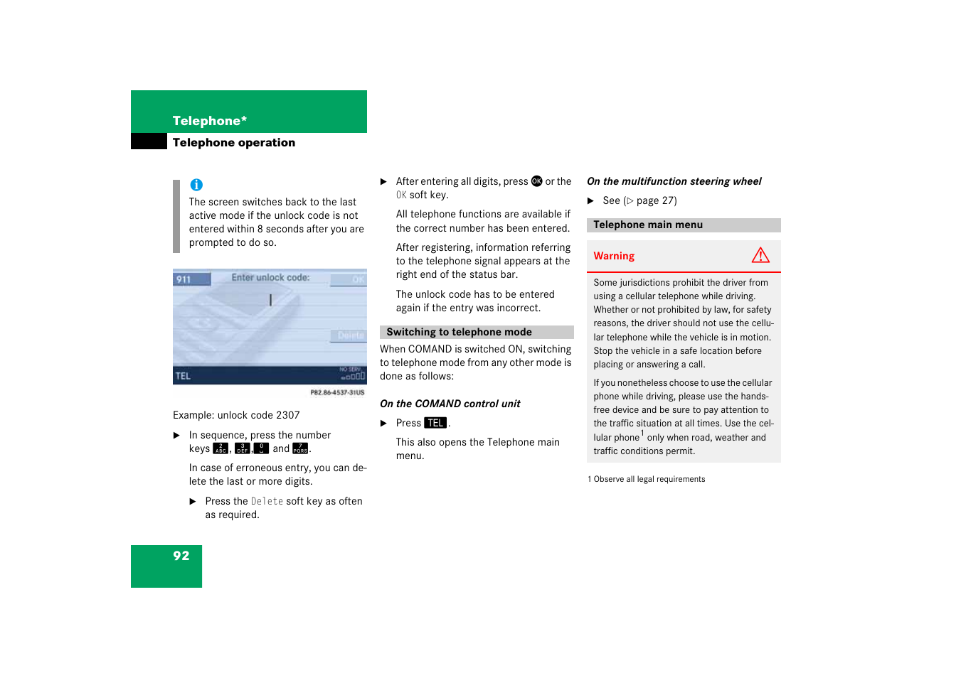 Switching to telephone mode, Telephone main menu, Switching to telephone mode telephone main menu | Mercedes-Benz SLK-Class 2008 COMAND Manual User Manual | Page 92 / 186