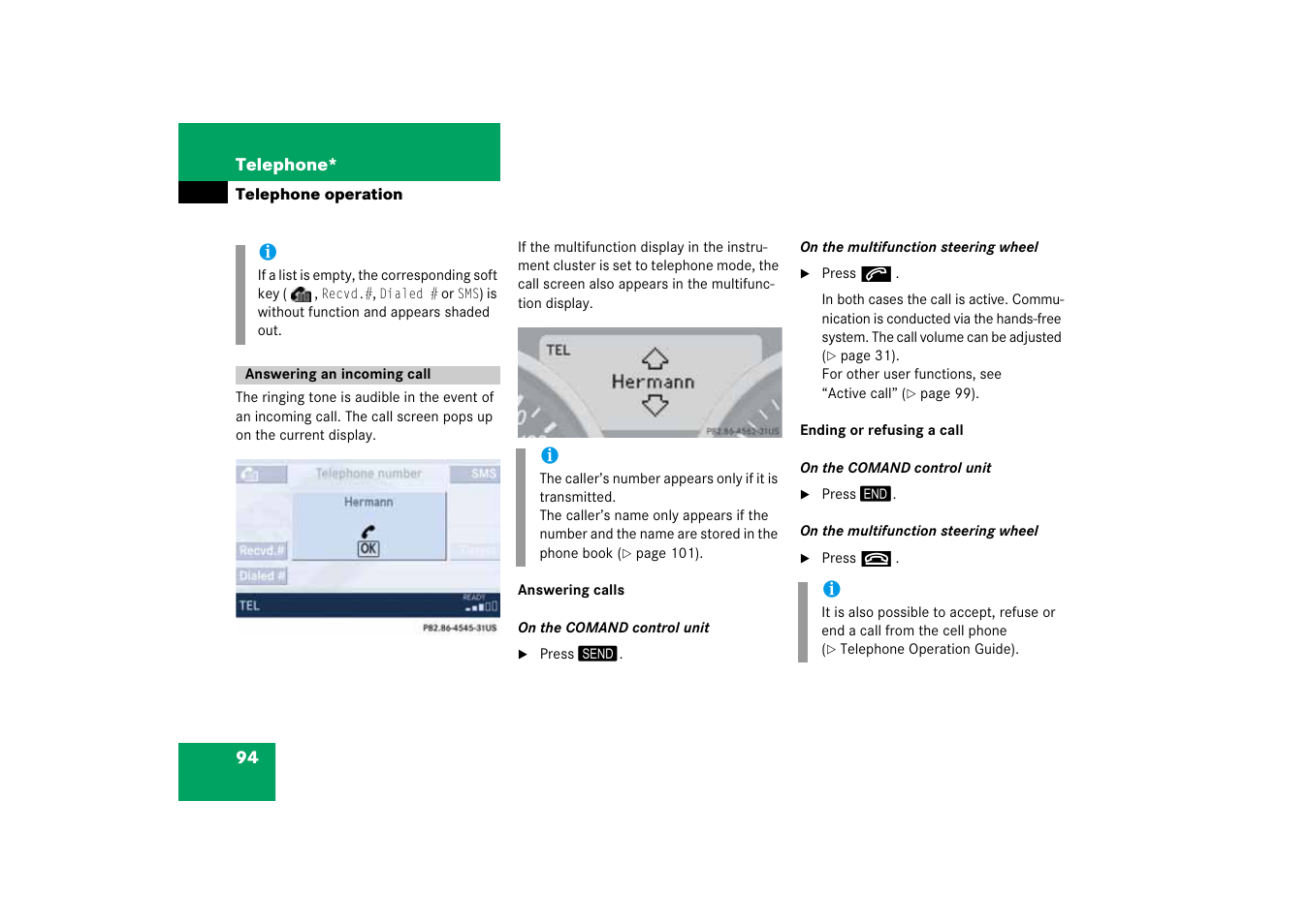 Answering an incoming call | Mercedes-Benz SLK-Class 2008 COMAND Manual User Manual | Page 94 / 186