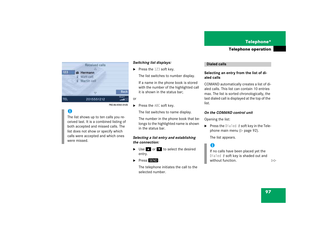 Dialed calls | Mercedes-Benz SLK-Class 2008 COMAND Manual User Manual | Page 97 / 186