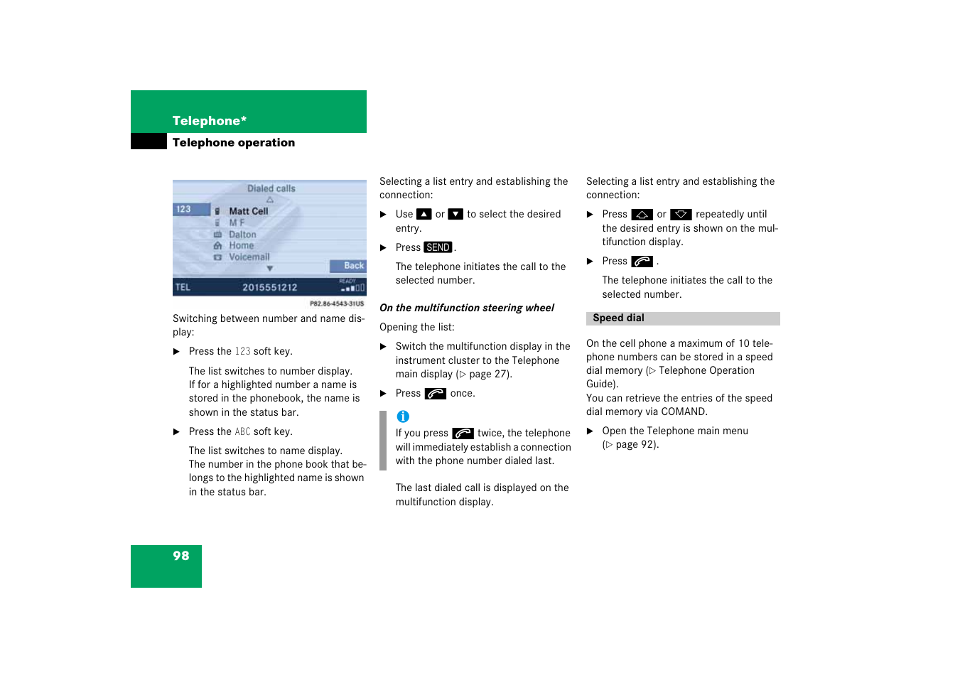 Speed dial | Mercedes-Benz SLK-Class 2008 COMAND Manual User Manual | Page 98 / 186