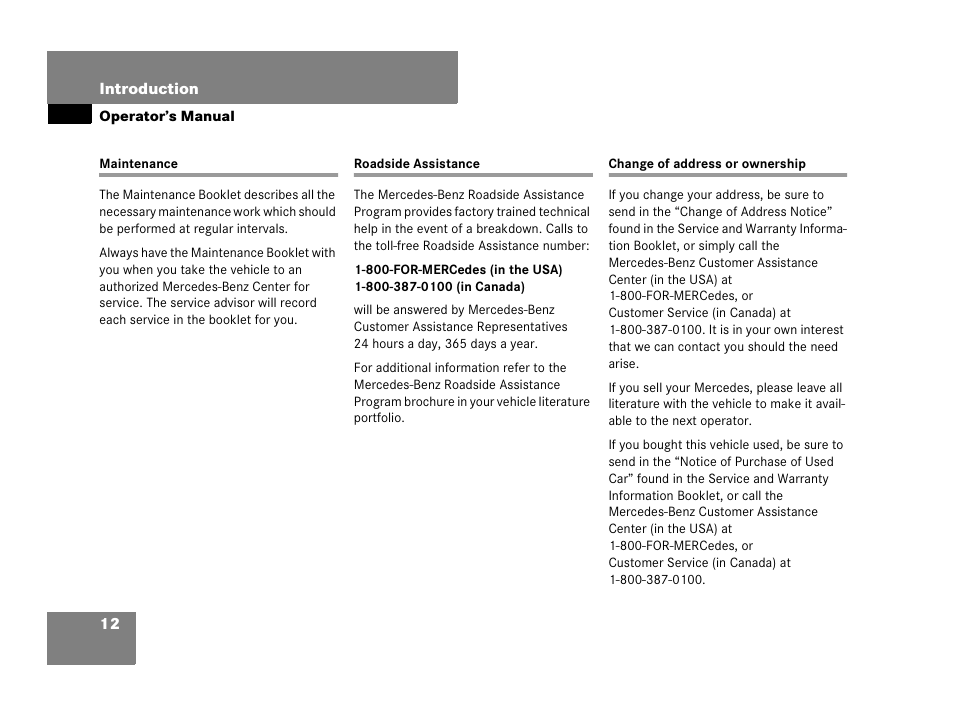 Maintenance, Roadside assistance, Change of address or ownership | Mercedes-Benz SL-Class 2008 Owners Manual User Manual | Page 12 / 489