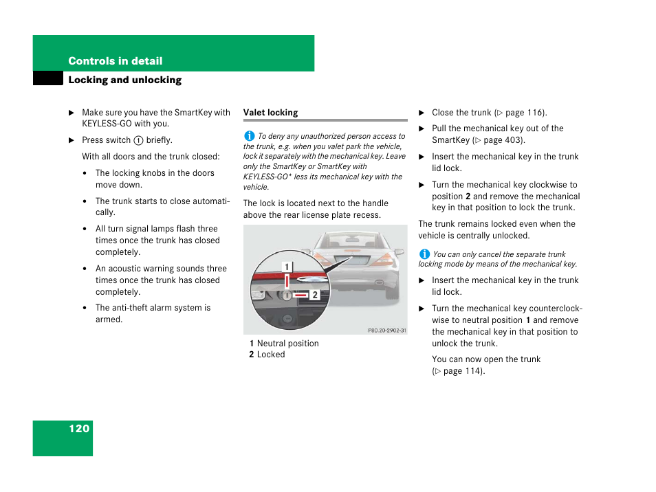 Trunk:valet locking, Valet locking, 120 controls in detail | Mercedes-Benz SL-Class 2008 Owners Manual User Manual | Page 121 / 489