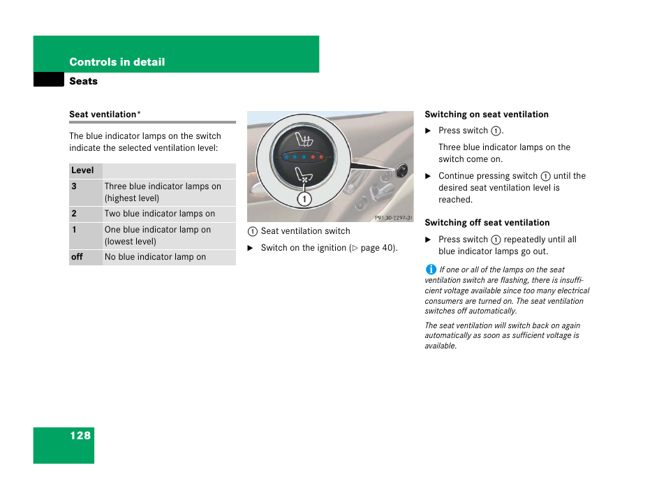 Seat ventilation | Mercedes-Benz SL-Class 2008 Owners Manual User Manual | Page 129 / 489